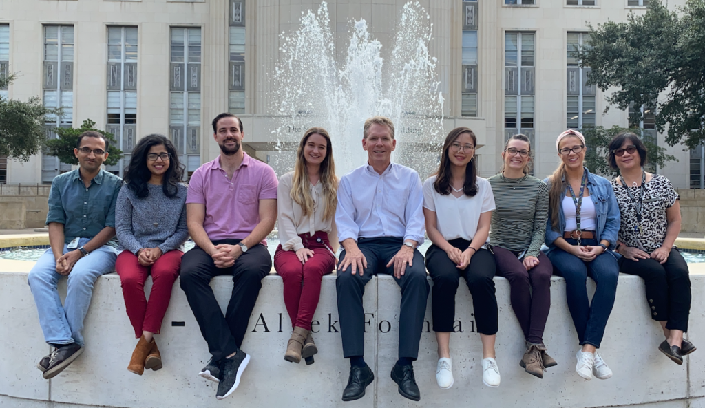 Cooper Lab members in front of the Alkek Fountain at Baylor College of Medicine, October 2019.