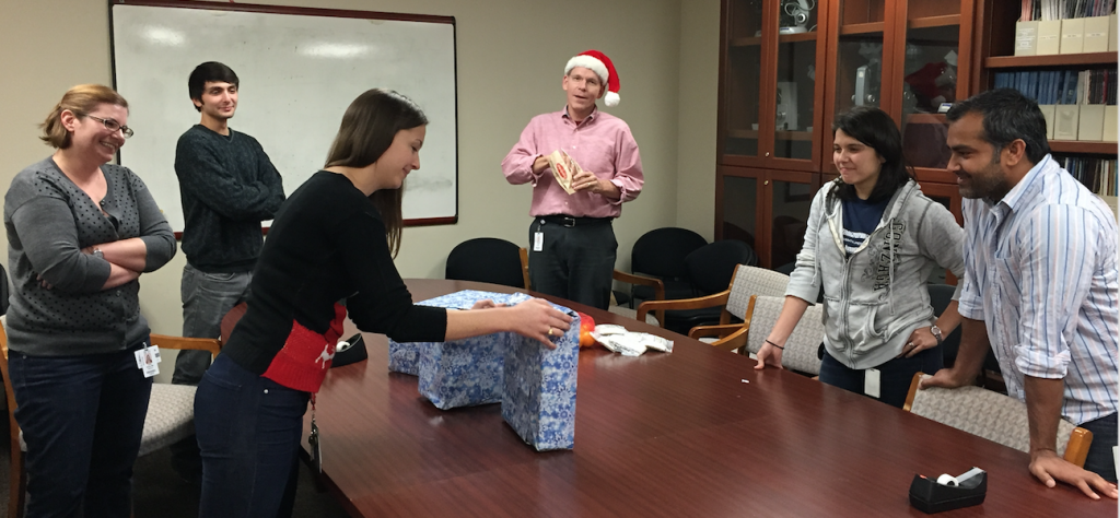 Setting up for the lab 2014 holiday white elephant party.