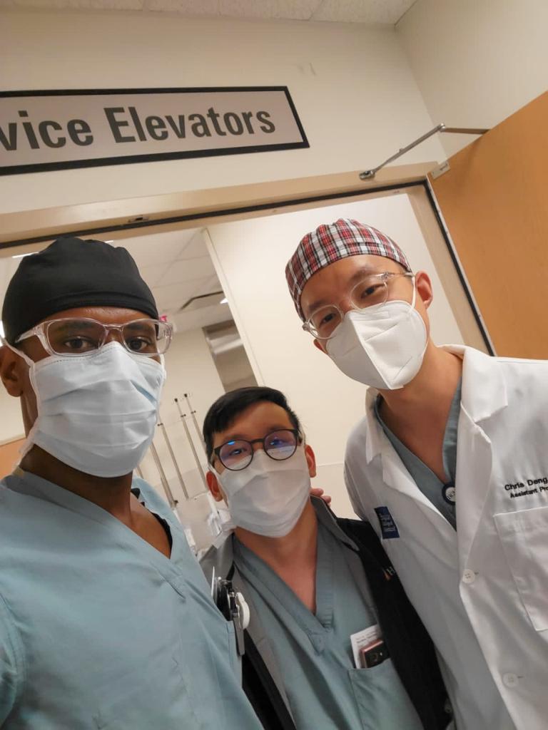 CA-2 residents are excited to run into ICU attending Chris Deng at Texas Heart Institute.
