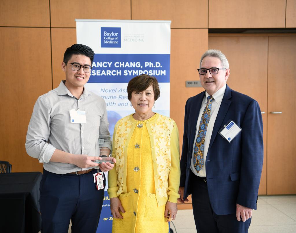 Dr. Nancy Chang (middle) and Dr. Rolando Rumbaut (right) awarding Dr. Timothy Wu 2nd place in the 2023 Nancy Chang, Ph.D. Poster Session