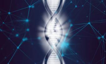 Artist rendition of a double helix glowing white light on a dark blue background