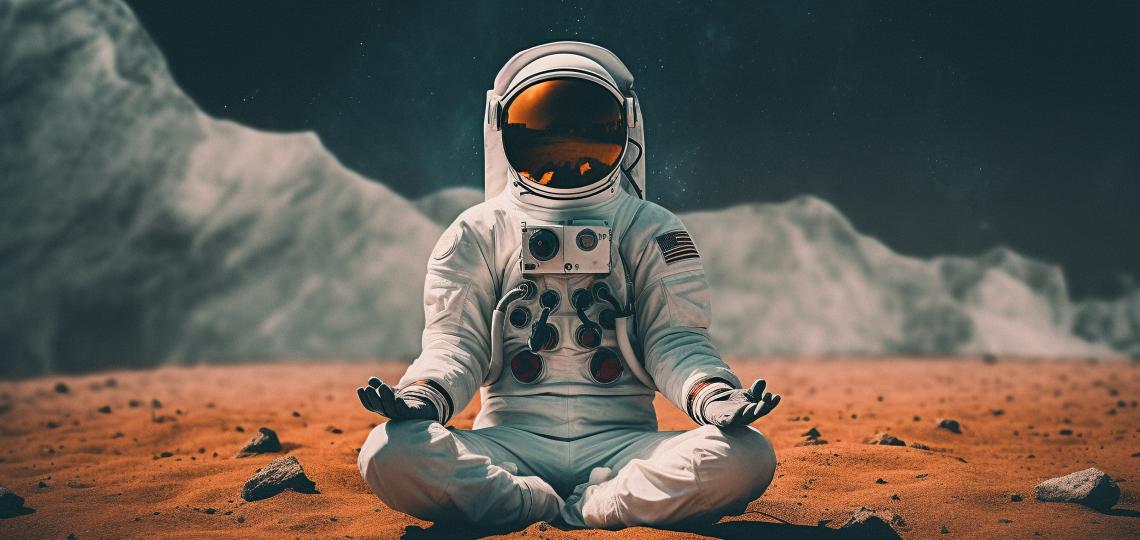 AI-generated astronaut meditates on red planet.