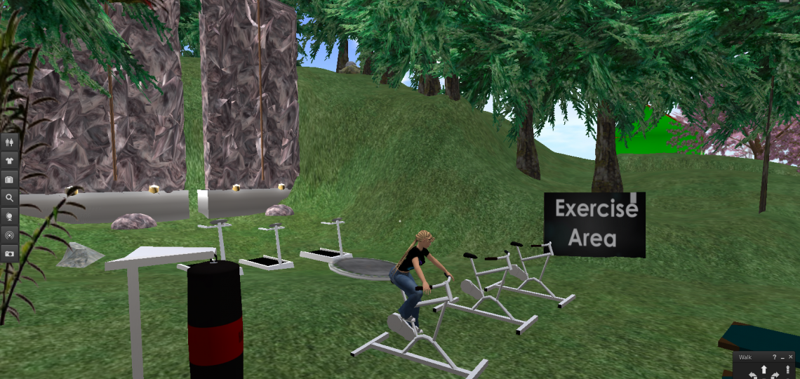 Cartoon image of Dhira, the avatar, riding an exercise bicycle, surrounded by other exercise equipment, on the CROWD Second Life island