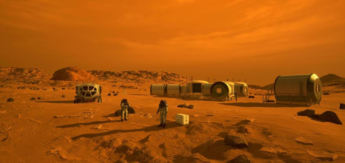 An artist's concept of the first humans on Mars.