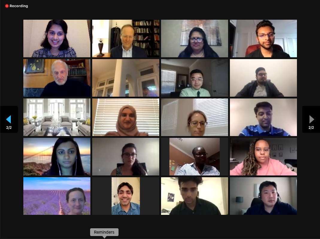 A college of 20 faces as seen through an online video conference. 
