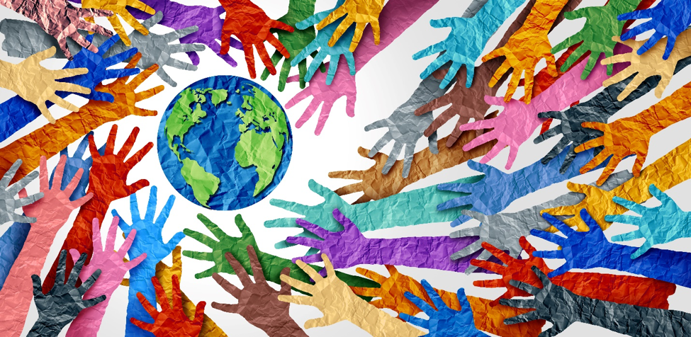 Illustration of hands of many colors reaching toward a globe of the earth.