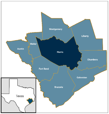 A map of the DLDCCC Catchment Area. Counties include Harris, Liberty, Chambers, Galveston, Brazoria, Fort Bend, Waller, Austin and Montgomery.