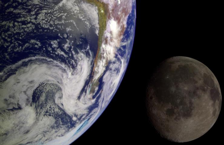 During its flight, NASA’s Galileo spacecraft returned images of the Earth and Moon. Separate images of the Earth and Moon were combined to generate this view.