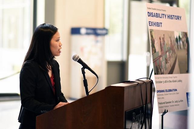 Photo of Dr. Judy Lu Kim speaking at Disability History Exhibit Opening for 2016 Diversity and Inclusion Week