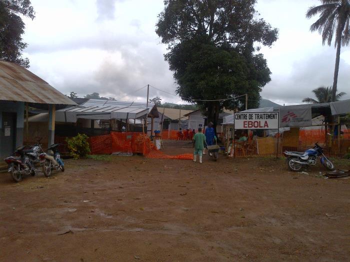 The entrance to an Ebola treatment center located in Guinea during the 2014 Ebola hemorrhagic fever outbreak across Guinea, northern Liberia, Sierra Leone, and Nigeria.