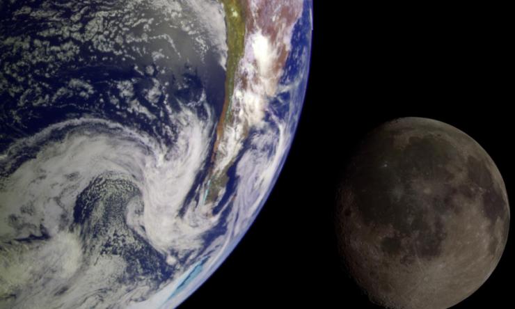 During its flight, NASA’s Galileo spacecraft returned images of the Earth and Moon. Separate images of the Earth and Moon were combined to generate this view.