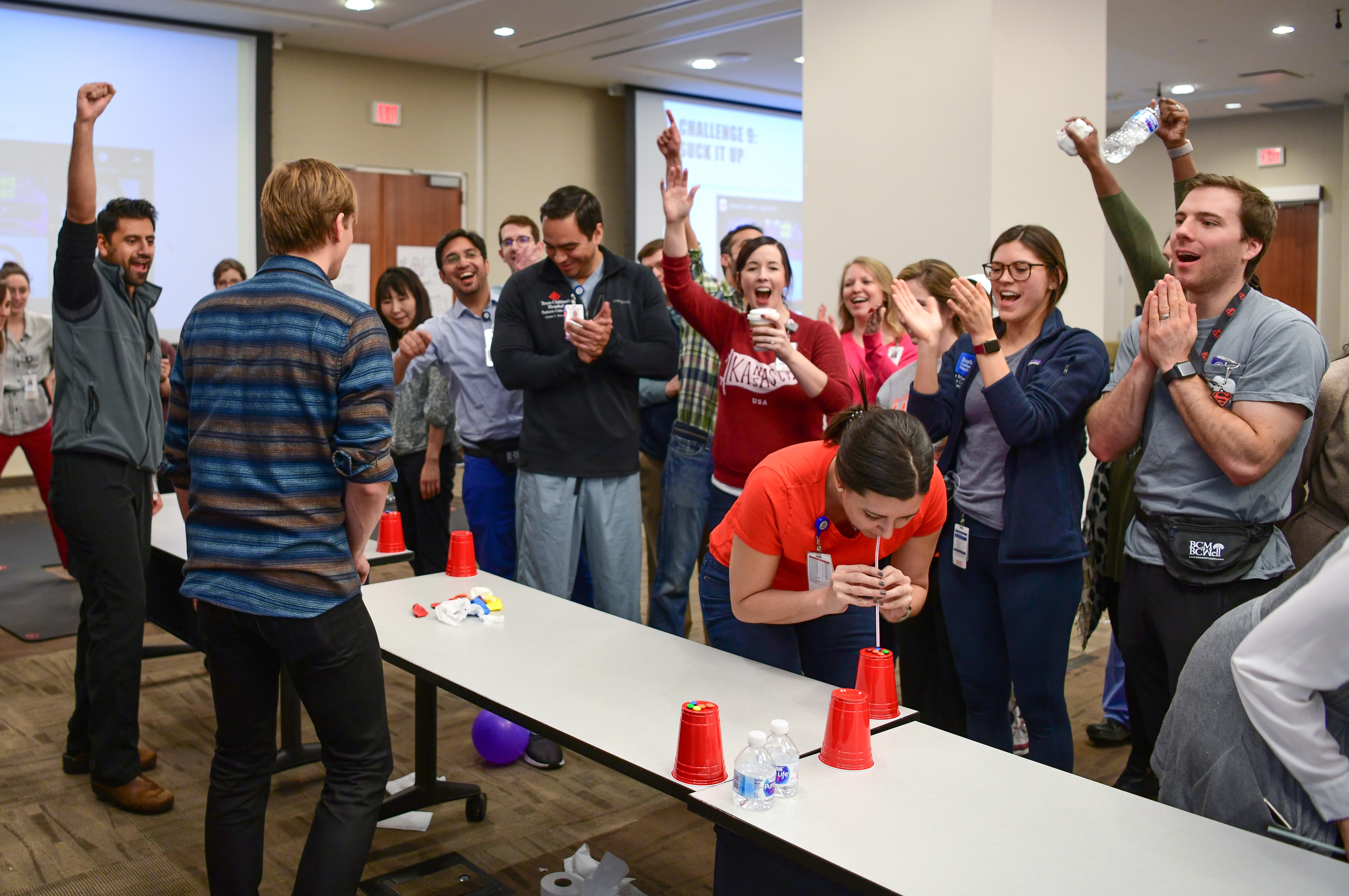 Minute to Win it Challenges during Fellows Fun Day Retreat"