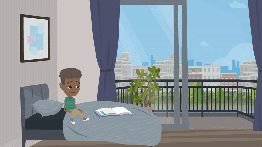 An animated Neil sitting on his bed with a book