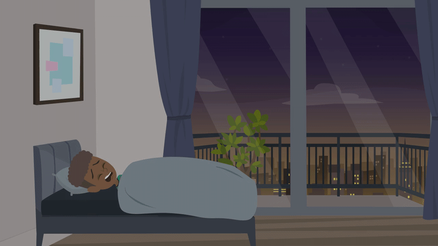 An animated Neil falling asleep alone in his room at night