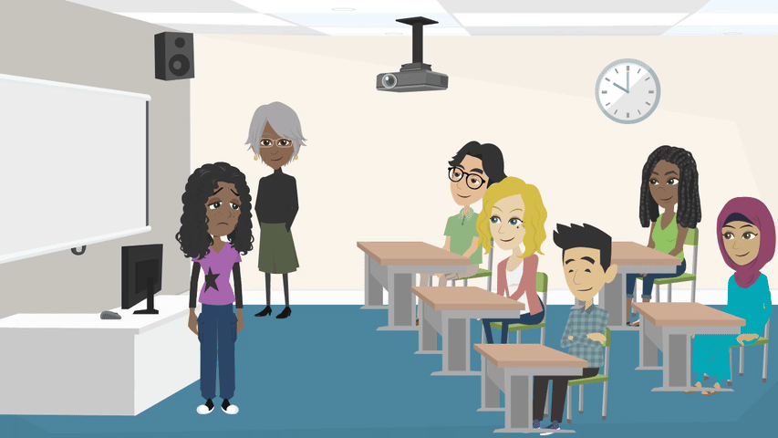 a girl standing in front of her class and talking