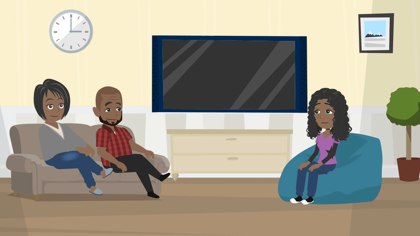 sophia and parents sitting on a couch talking to each other