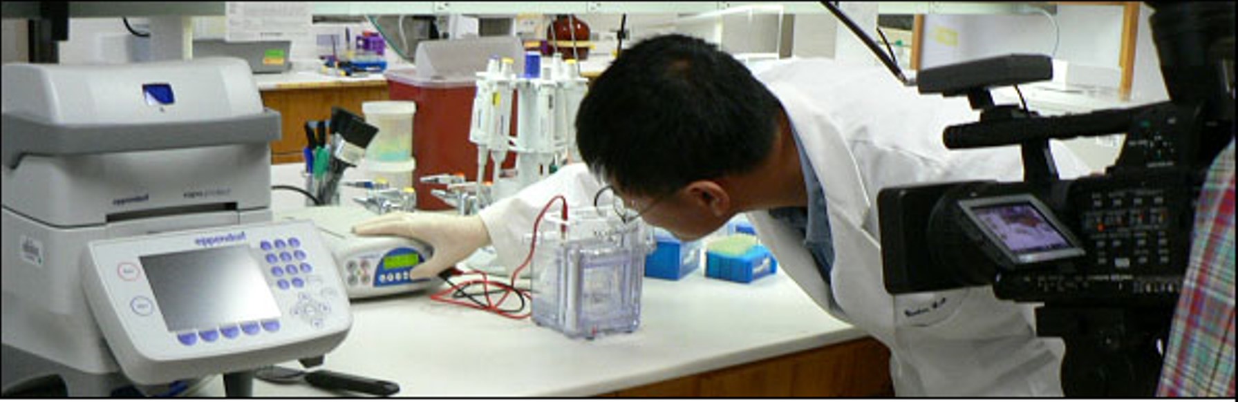Dr. Xueyou Hu demonstrating an experiment in front of a camera for publication of a video-article in J. Vis. Exp. in 2010