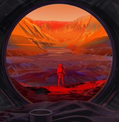 Illustration of an astronaut on Mars, as viewed through the window of a spacecraft. NASA hopes to return astronauts to the Moon and test technology there that will be useful for sending the first astronauts to Mars.