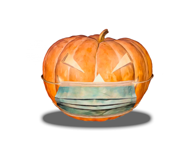 A drawing of a jack-o'-lantern wearing a medical face mask