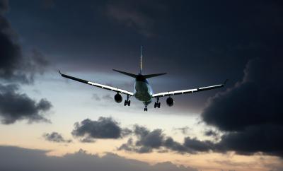 Photo of airplane landing.