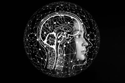 Brain illustration over image of female