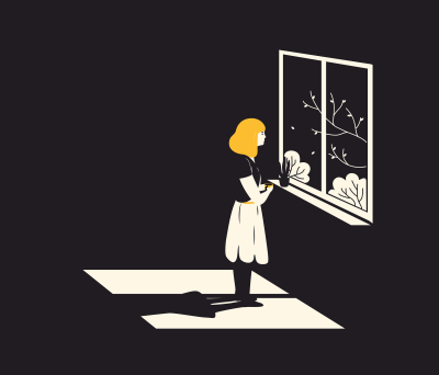 Drawing of a woman standing alone looking out a window