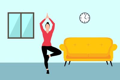 Ilustration of a woman exercising in her living room. 