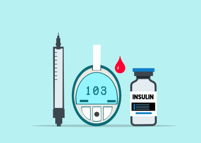 Drawing of diabetes related items including insulin and glucose tester kit.