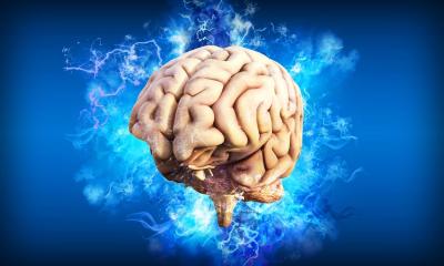 Artist rendition of a brain floating on a blue background to symbolize brain activity.
