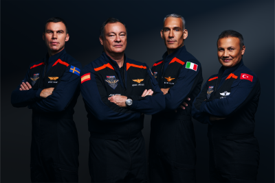 The crew of Axiom Mission 3, from left to right: Axiom Space’s chief astronaut and former NASA astronaut Michael López-Alegría will serve as commander. Italian Air Force Col. Walter Villadei will serve as pilot. The two mission specialists are Alper Gezeravci of Turkey and ESA (European Space Agency) project astronaut Marcus Wandt of Sweden. Credit: Axiom Space