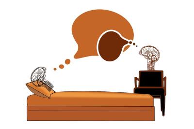 drawing of a brain in a chair talking with a brain on a couch to symbolize a therapist and patient in conversation