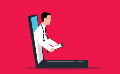 Drawing of a doctor stepping out of a laptop screen to represent AI diagnosis