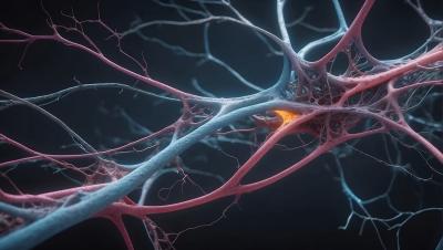 Artists rendition of a neurons in red and blue indicating the introduction of a therapeutic to the brain. 