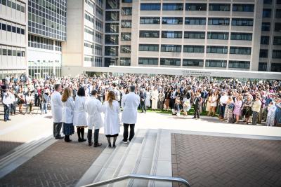 Crowd gathers in courtyard for Match Day