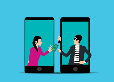 A cartoon of a woman handing money to a man wearing a mask to represent online scams. 
