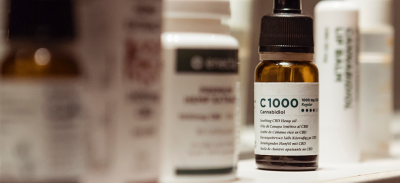 A bottle of cannabidiol (CBD), a THC-free product derived from the cannabis plant.