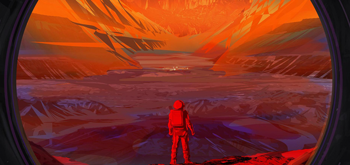 This illustration shows an astronaut on Mars, as viewed through the window of a spacecraft.