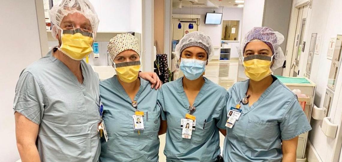 Drs. Brennan Lang, Allison Conn, Tamisa Koythong, and Mona Homafar prepare for a day of service at the Pavilion for Women.