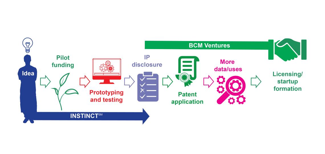 INSTRINCT takes subjects through these process phases: idea; pilot funding; prototpying and testing. BCM Ventures takes them through: IP disclosure; patent application; more data / uses; licensing / startup formation.
