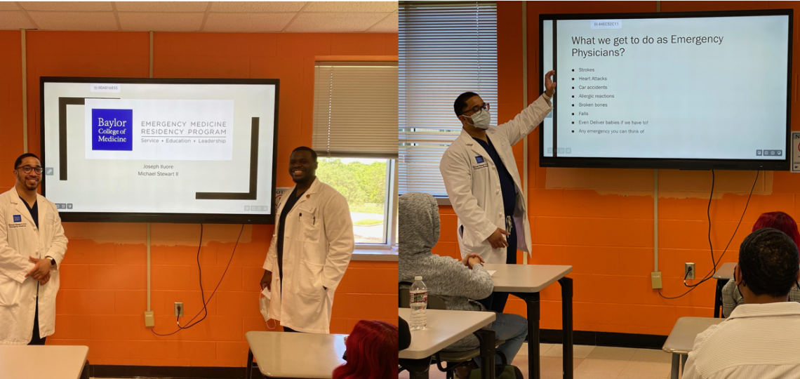 Dr. Mike Stewart and Dr. Joe Iluore met with students at Chavez High School in Houston to discuss their paths to medicine.