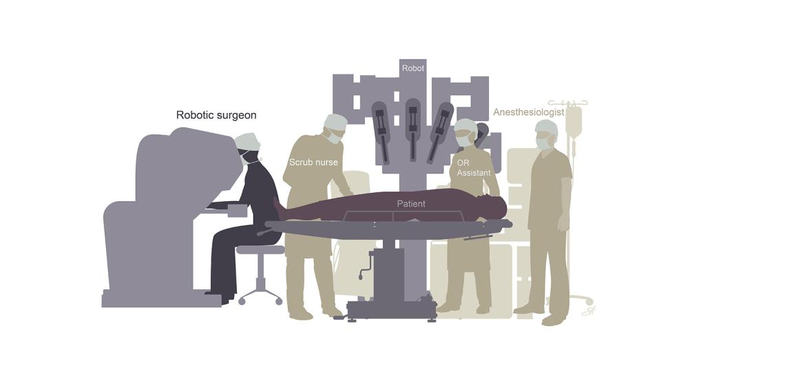 Illustration of doctors performing robotic surgery on a patient in the operating room.