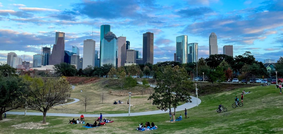 View of Houston downtown skyline from Allen Parkway