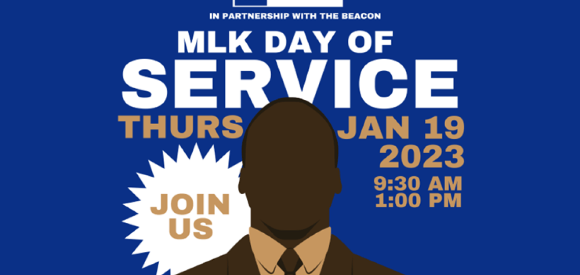 A graphic illustration of Martin Luther King, Jr. advertising the MLK Day of Service.