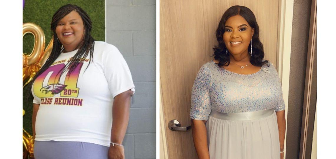 Before and after of Jamise's weight loss.