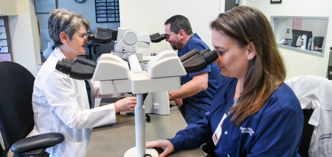 Doctors examining skin specimens with microscopes.
