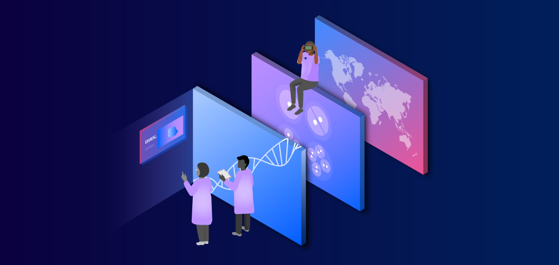 Graphic illustration of doctors interacting with large viewscreens showing DNA and a world map