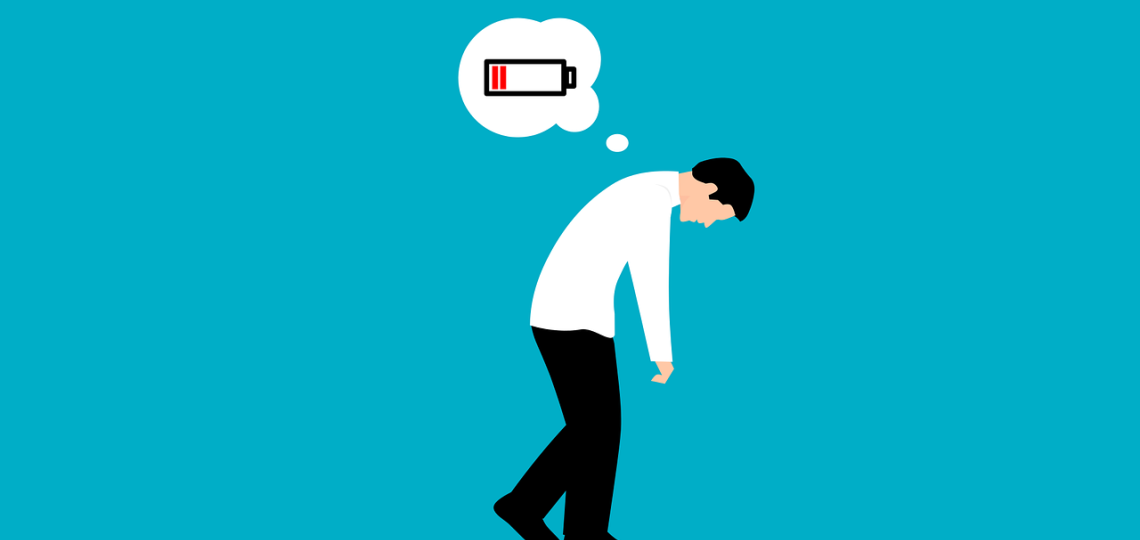 Drawing of a man slumped over and walking with a thought bubble of a uncharged battery to represent being burned out. 
