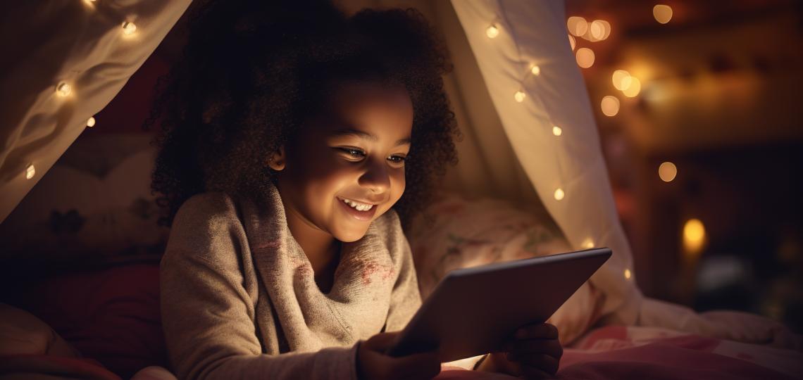 A smiling child laying under a fairy-light filled tent looking at an iPad at night.
