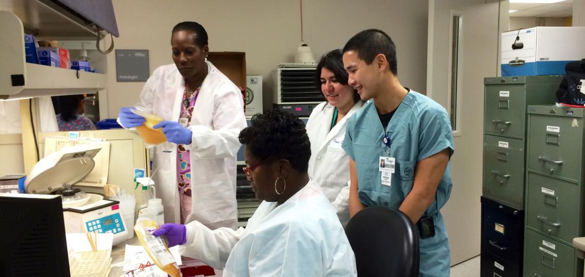 Blood bank technologists teach residents and fellows about necessary labels on blood products.