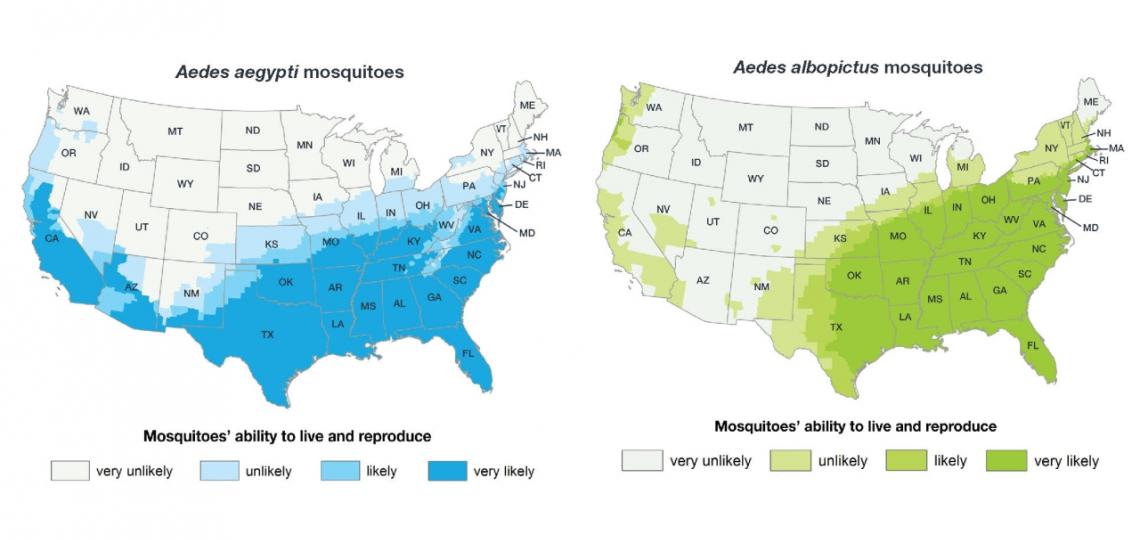 Estimated potential range of Aedes aegypti and Aedes albopictus in the United States, 2017